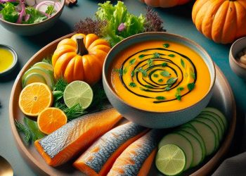 Imagen de una sopa de calabaza con jengibre y filetes de pescado al vapor.