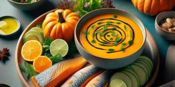 Imagen de una sopa de calabaza con jengibre y filetes de pescado al vapor.