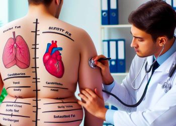 Doctor examinando a una persona con alto contenido calórico.