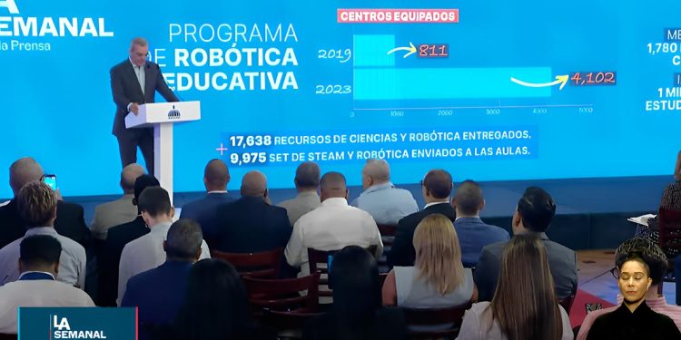 Imagen del presidente de la República Dominicana Luis Abinader mientras compartia en la Semana de la Prensa-Noticias Diarias 24/7.