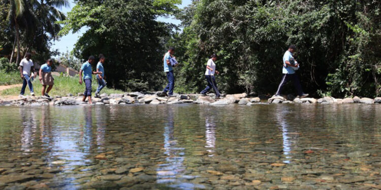 Niños cruzan río a pie para ir a la escuela en La Cuaba